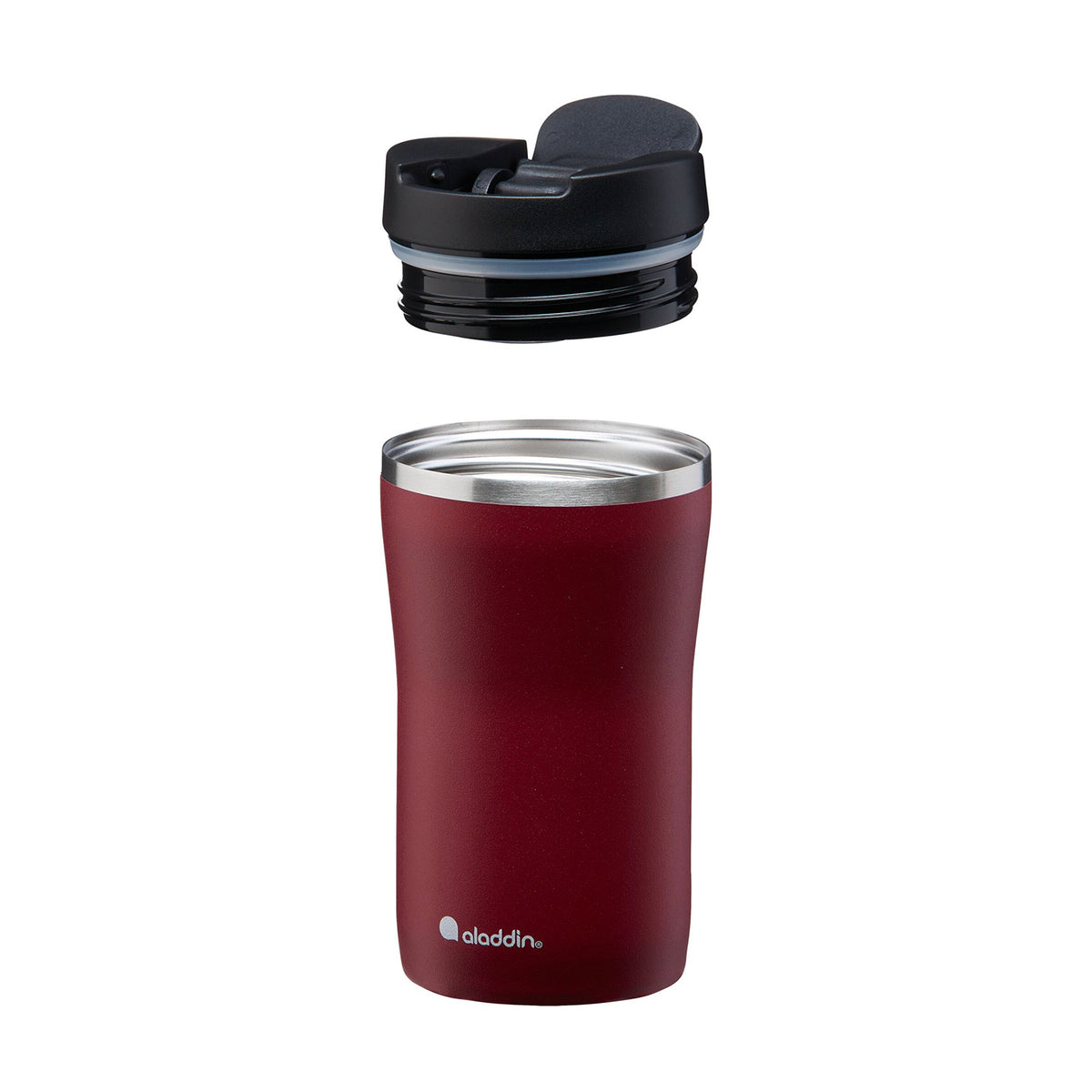 Aladdin Barista Thermobecher in burgundy, available in three sizes, featuring a sleek design and spill-proof lid.