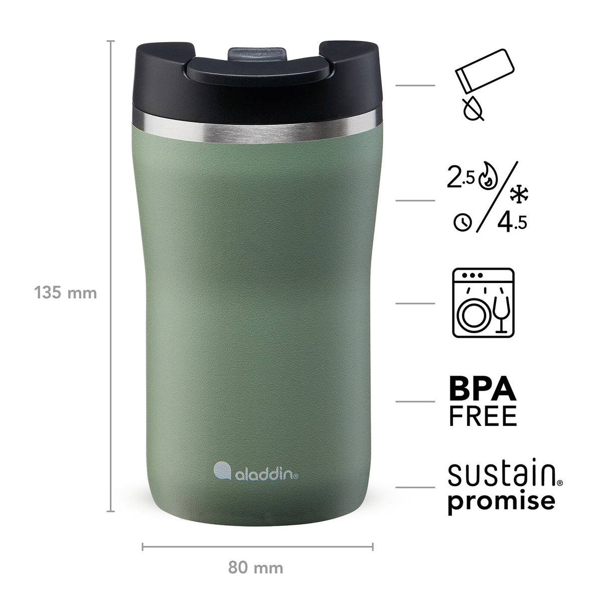 Salbei ALADDIN Barista Thermobecher in three sizes, stainless steel travel mug with lid and sleek design.