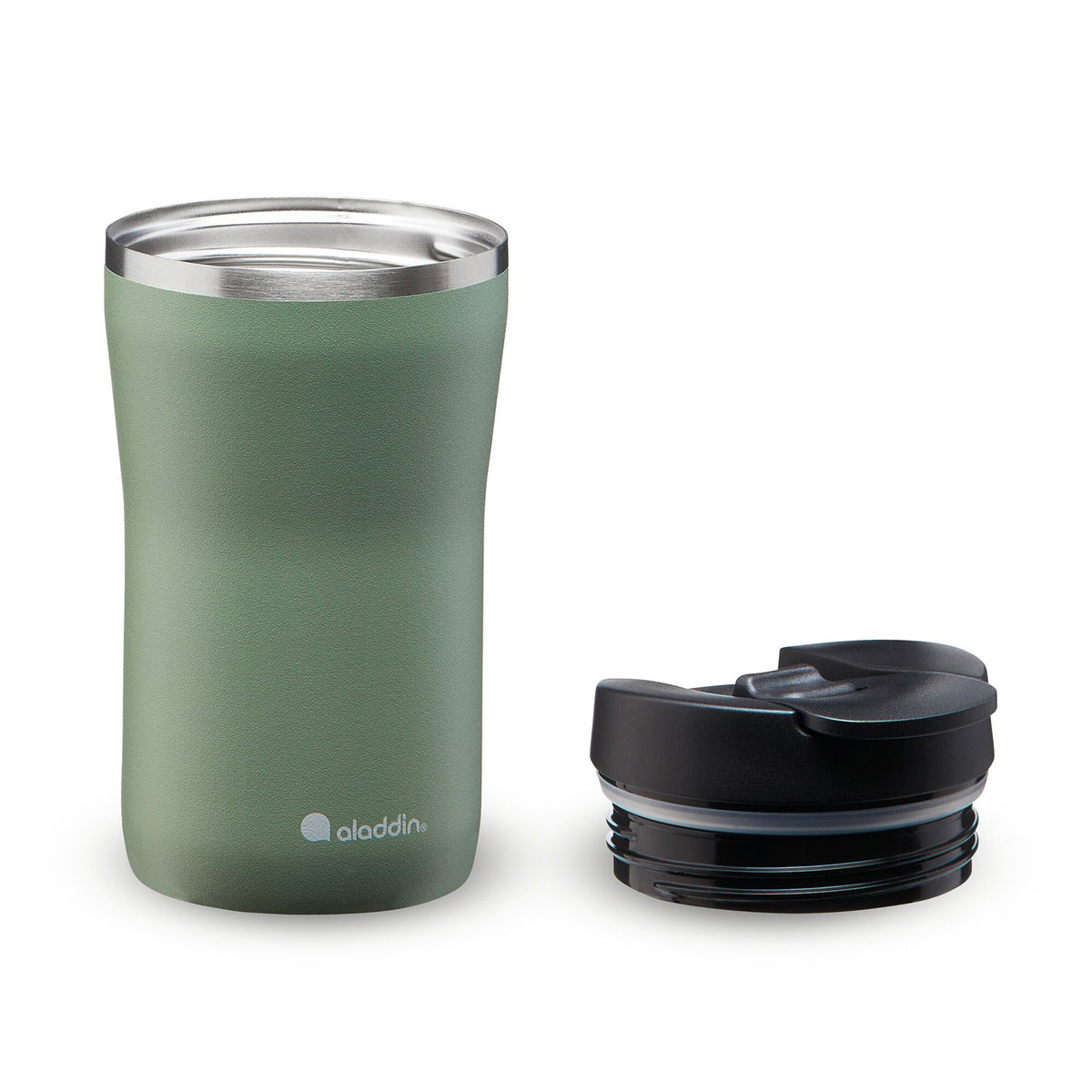 Aladdin Salbei Barista Thermobecher in three sizes, stainless steel travel mug with lid, ideal for hot beverages on the go.