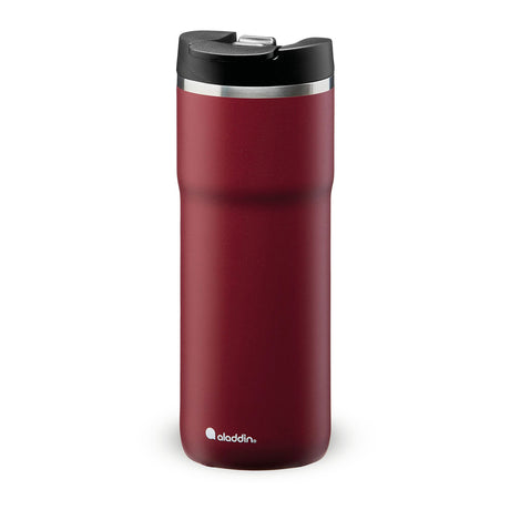 Aladdin Barista Thermobecher in burgundy, shown in three sizes, with stainless steel exterior and spill-proof lid.