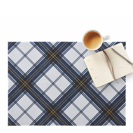 Blue tartan table mat set with lotus effect, DAY DRAP 2-piece tartan tablecloth set, stylish and protective for dining tables.