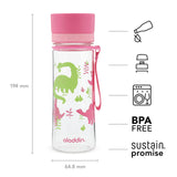 Aladdin AVEO kids' water bottle with dinosaur design, 350 ml capacity, durable plastic, and colorful illustration.