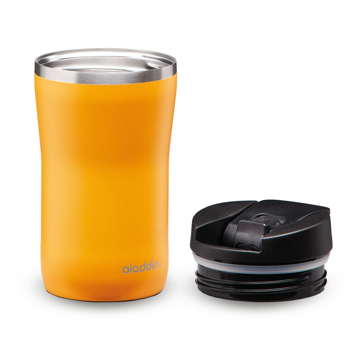 Aladdin Barista Thermobecher in sunny yellow, stainless steel, leak-proof lid, available in three sizes for coffee and hot drinks.