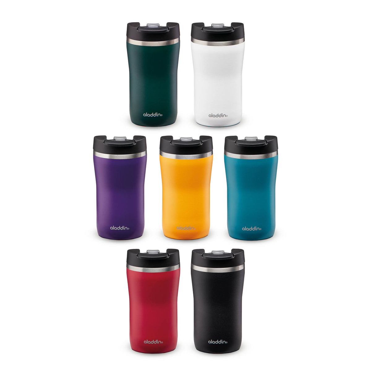Aladdin Barista Thermobecher in sunny yellow, stainless steel, leak-proof lid, 0.25L size, designed for hot beverages.
