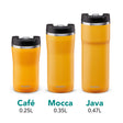 Aladdin stainless steel café thermos mug in Sonnen-Gelb, leak-proof design, available in three sizes for hot or cold beverages.