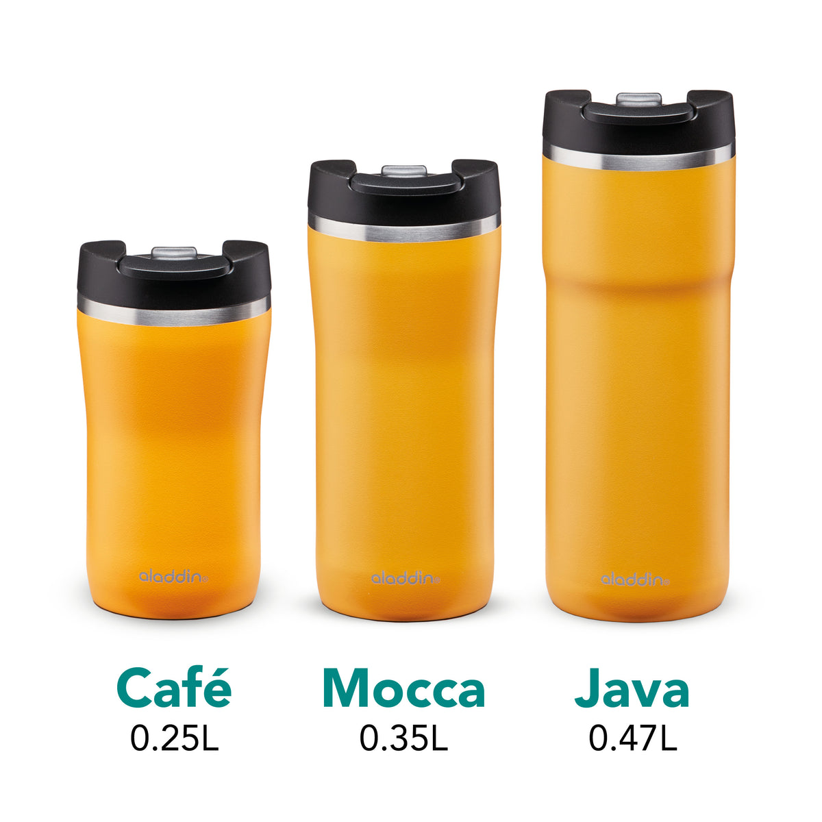 Aladdin stainless steel café thermos mug in Sonnen-Gelb, leak-proof design, available in three sizes for hot or cold beverages.