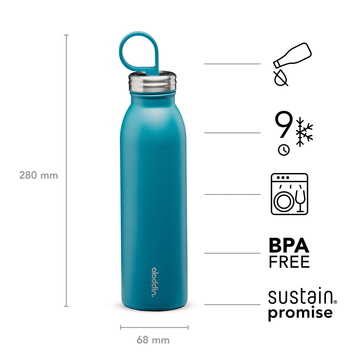 Aladdin stainless steel chilled water bottle in petrol blue, 550 ml, with a sleek, insulated design for keeping drinks cold.