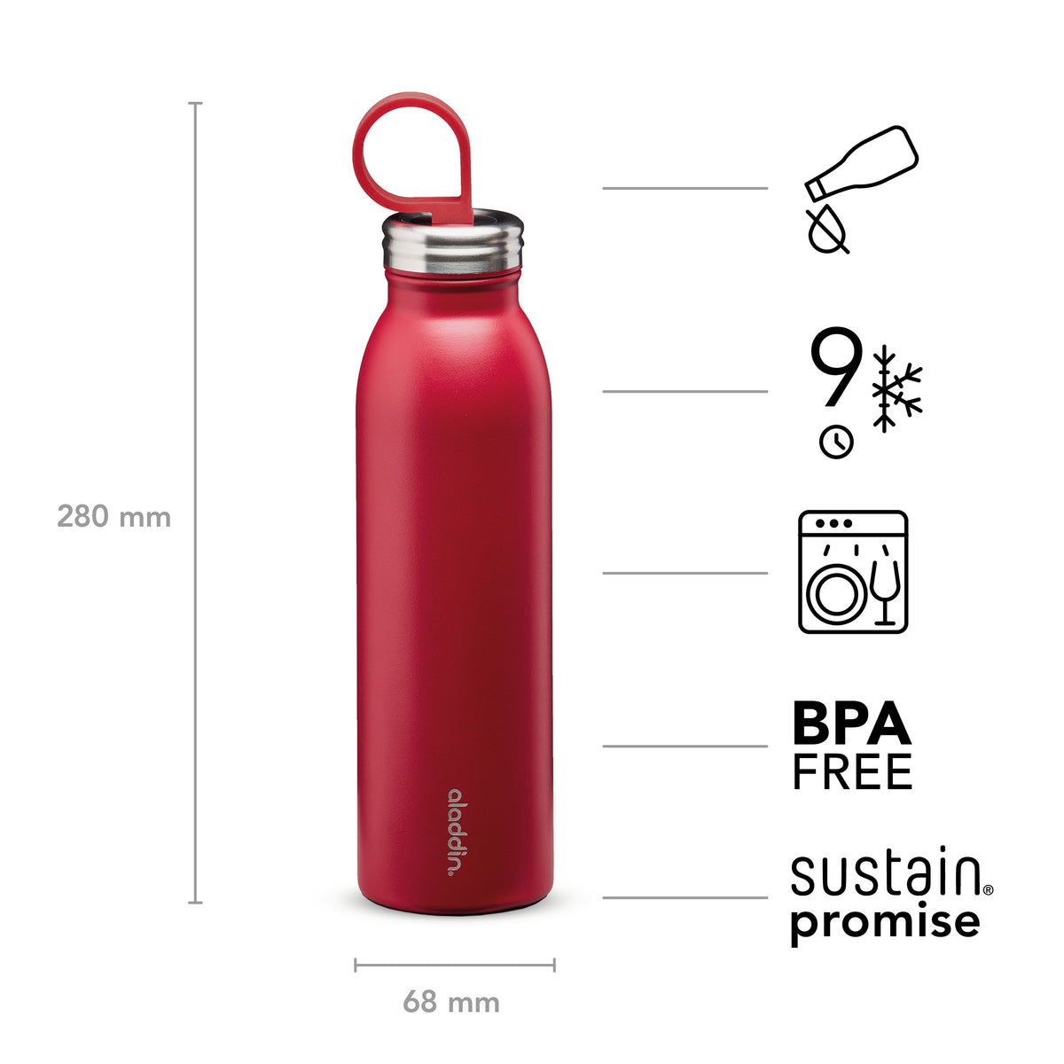 Aladdin 550ml cherry red stainless steel chilled thermavac water bottle with insulated design and sleek finish.