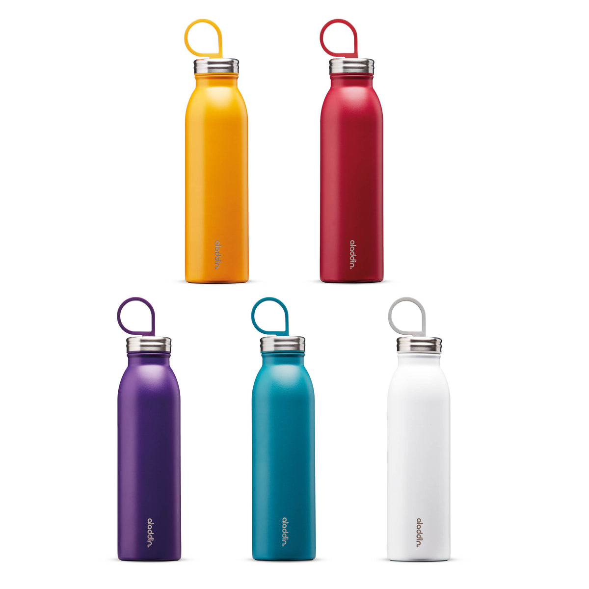 Aladdin 550ml cherry red stainless steel chilled thermos bottle with a sleek design and screw-top lid for hot or cold drinks.