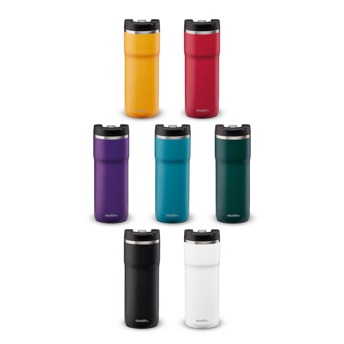 Aladdin Barista Thermobecher in petrol blue, stainless steel, leak-proof design, available in three sizes, with a sleek aqua blue finish.