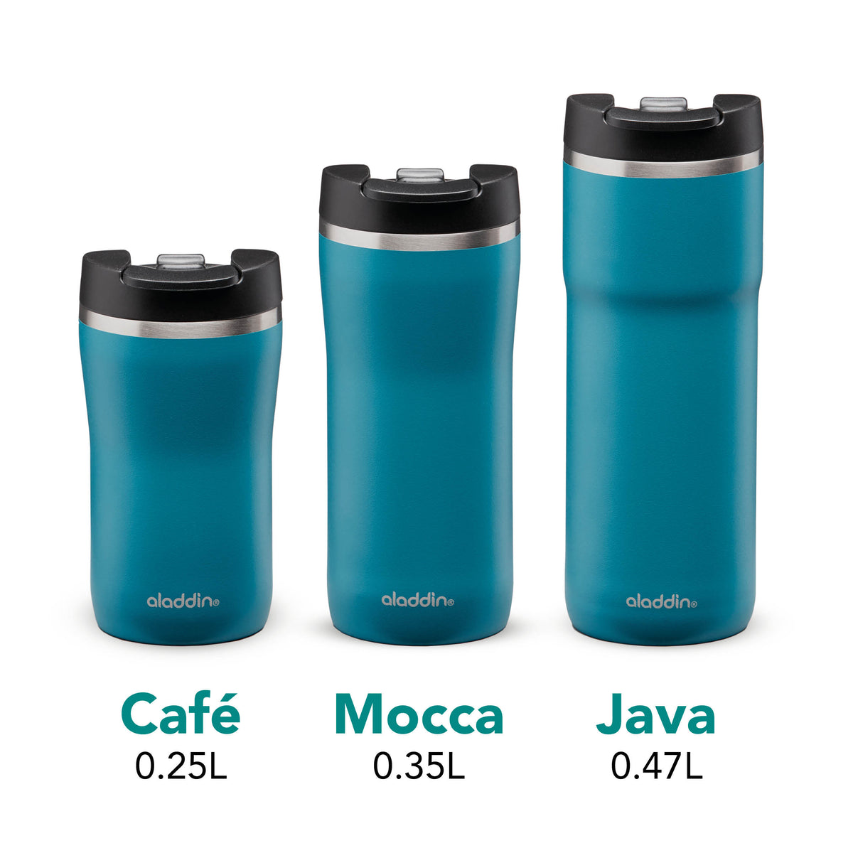 Aladdin Barista Thermobecher in petrol blue, stainless steel, leak-proof lid, available in three sizes, outdoor and travel mug