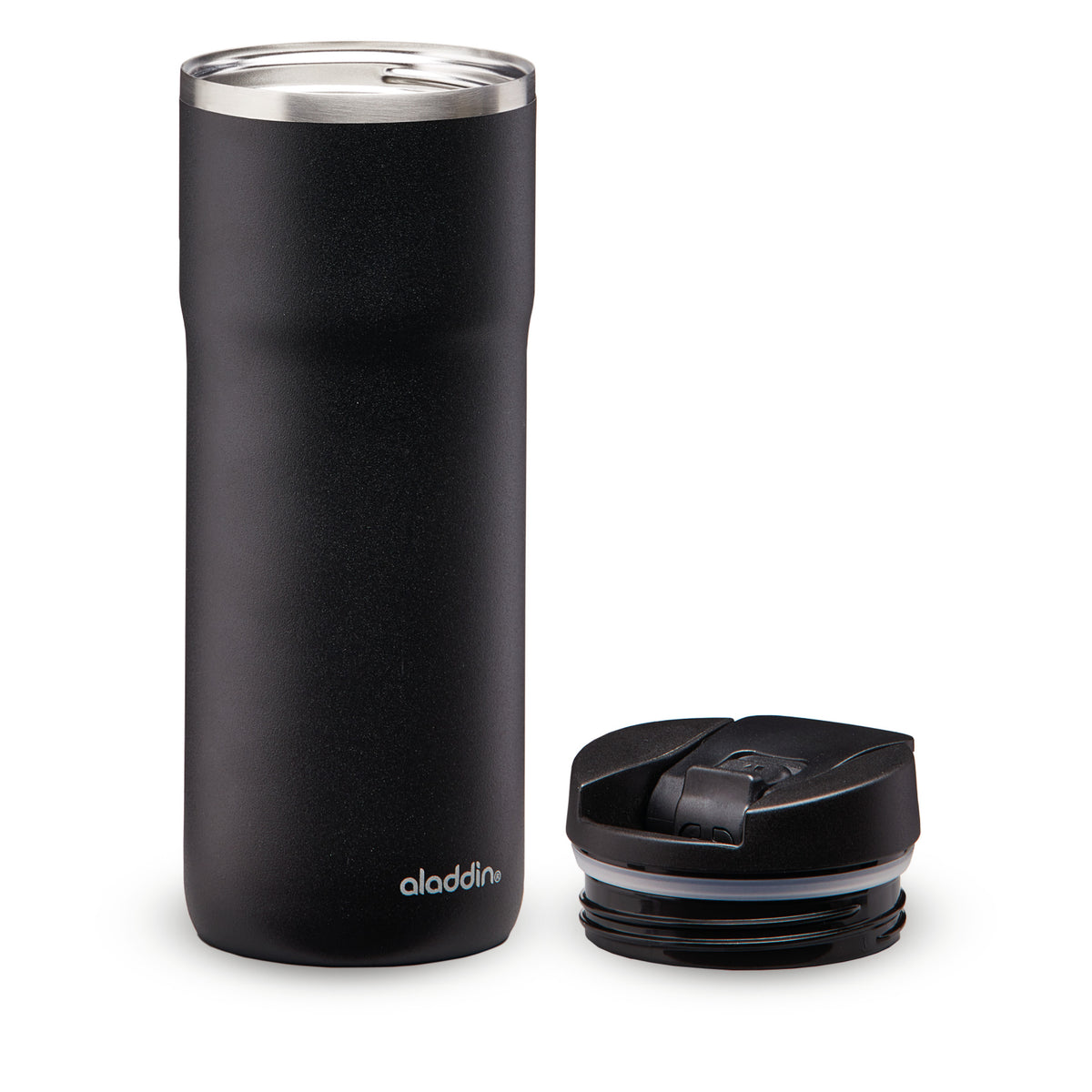 Aladdin Lava-Black stainless steel Barista Thermobecher in three sizes with leak-proof lid, designed for hot beverages.