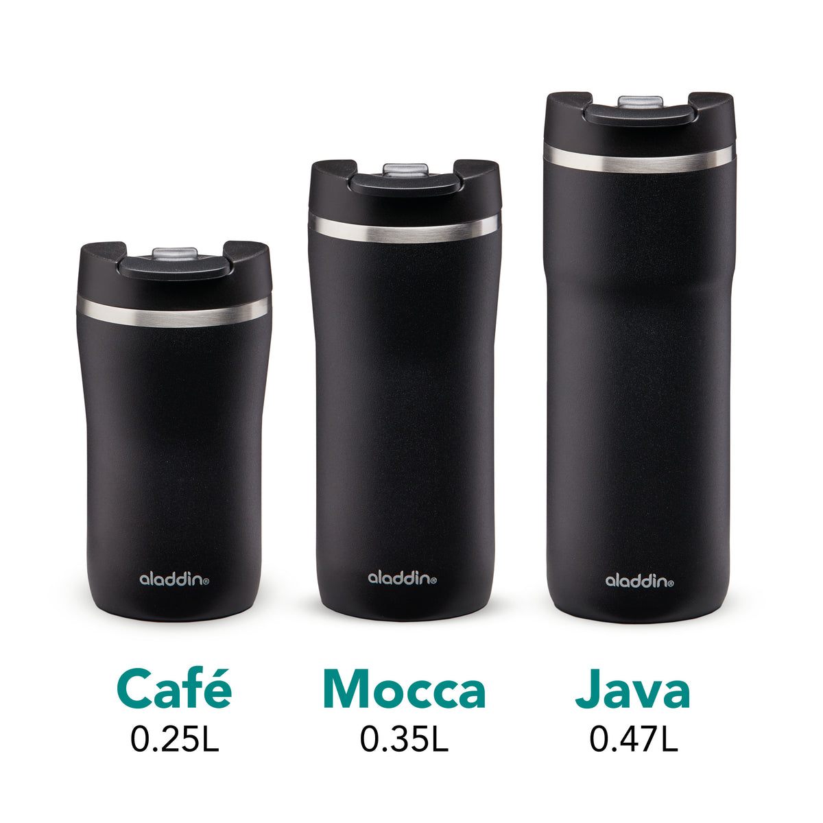 Aladdin Lava-Schwarz Barista Thermobecher in stainless steel, leak-proof lid, available in three sizes, 0.47L capacity.