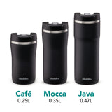 Aladdin Lava-Schwarz Barista Thermobecher in stainless steel, leak-proof lid, available in three sizes, 0.47L capacity.