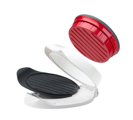 Zyliss burger patty press with stainless steel handle and non-stick surface for evenly shaped burger patties.
