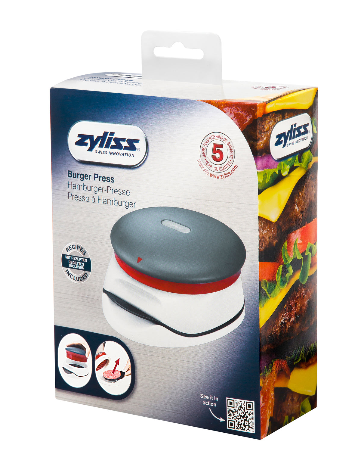 Zyliss burger patty press with stainless steel shape and handle for evenly shaped burger patties.
