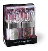 Cole & Mason Acryl-Edelstahl-Mühle SEVILLE salt and pepper grinder set, 14 cm, sleek design with transparent acrylic and stainless steel accents.