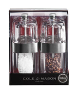 Cole & Mason Acryl-Edelstahl-Mühle SEVILLE gift set with 14cm salt and pepper mills, featuring sleek acrylic and stainless steel design.
