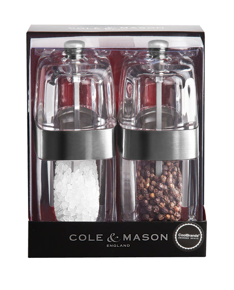 Cole & Mason Acryl-Edelstahl-Mühle SEVILLE gift set with 14cm salt and pepper mills, featuring sleek acrylic and stainless steel design.