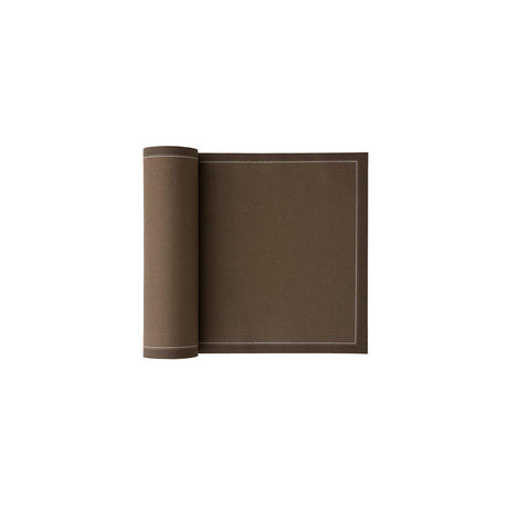 Taupe linen servietten and table mats by MY DRAP, featuring four design options, arranged on a dining table.